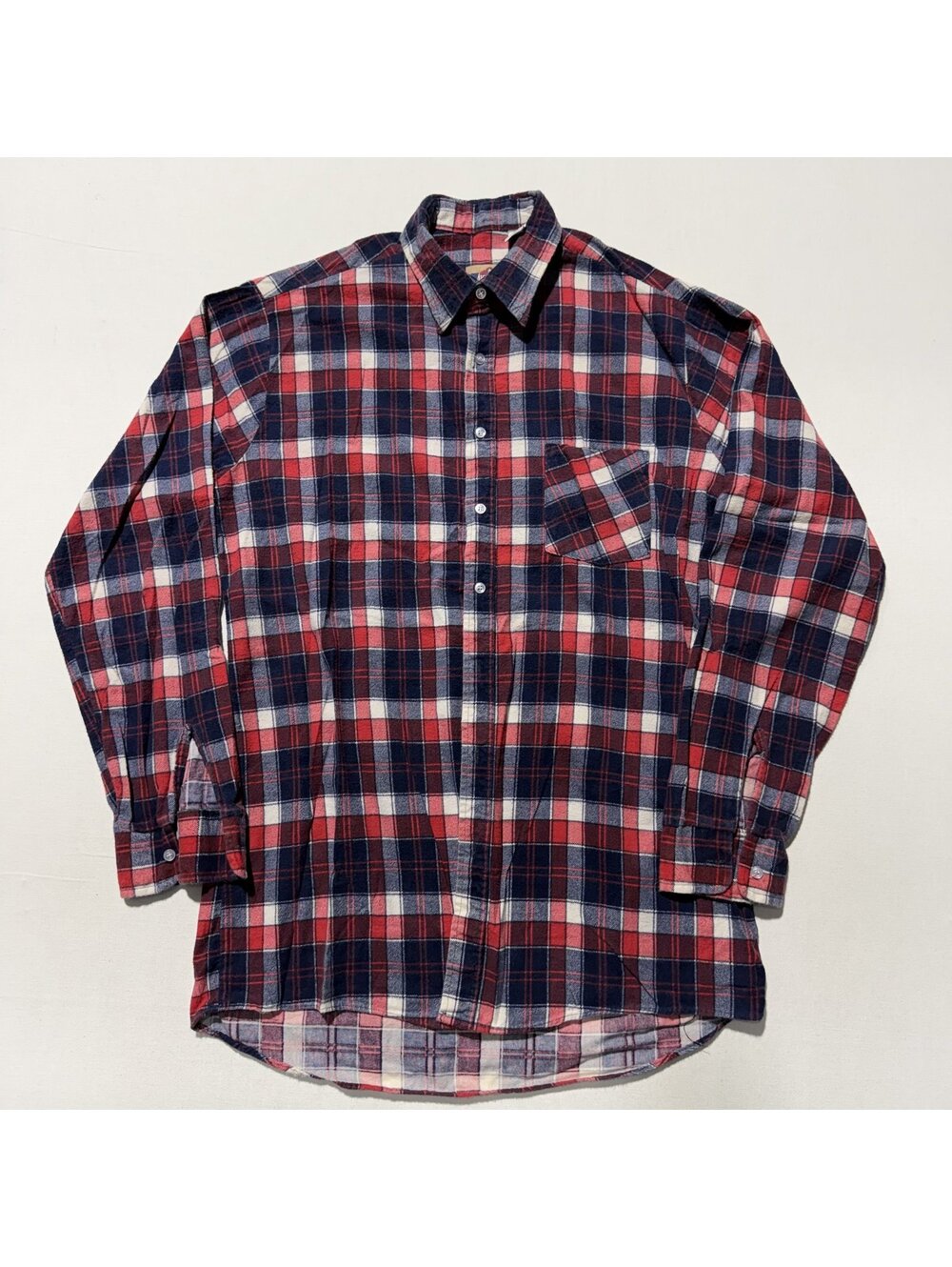 American Edition Red Navy Plaid Flannel Button Up Shirt Vintage Made in USA